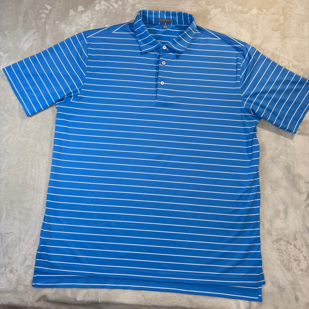 Peter Millar Summer Comfort Mens XL Blue White Striped Golf Polo Shirt Stretch